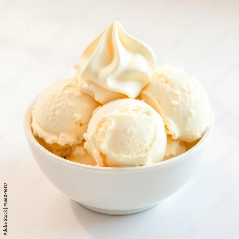 A pristine white bowl overflowing with creamy vanilla ice cream, set against a soft, bright background, clean, overhead A pristine white bowl overflowing with creamy vanilla ice cream, set against a soft, bright background, clean, overhead