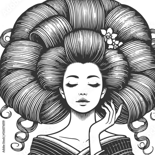 Asian woman with striking voluminous hair, showcasing elegance, beauty, and timeless fashion sketch engraving generative ai vector illustration. Scratch board imitation. Black and white image.