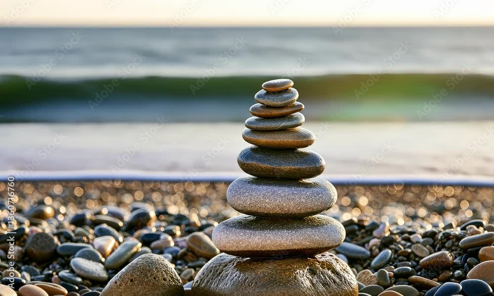 Stack of balanced stones on beach at sunset, reflecting serenity and balance