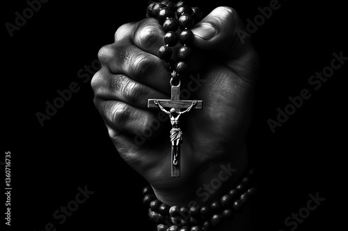 Hand with Rosary and Cross in Black and White