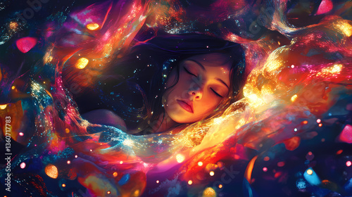 Enigmatic girl surrounded by whirling neon lights in an ethereal cocoon of vibrant colors. Enchanted Cocoon. Illustration