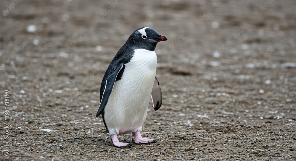 Naklejka premium A single penguin stands proudly on the sandy terrain