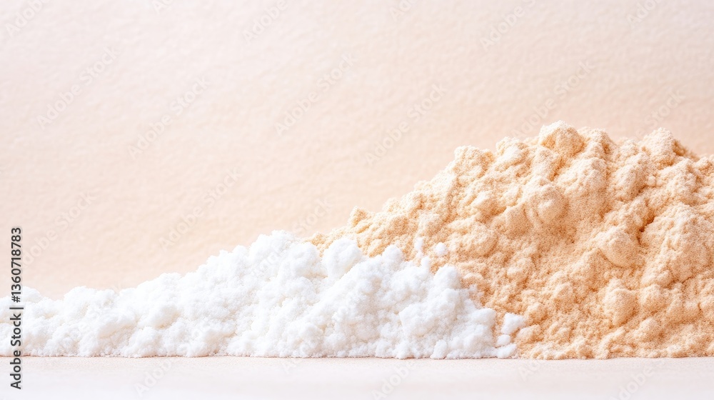 Two piles of powdery substances, one light beige, the other off-white, sit side-by-side, creating a subtle color contrast against a pale background. Two piles of powdery substances, one light beige, the other off-white, sit side-by-side, creating a subtle color contrast against a pale background.