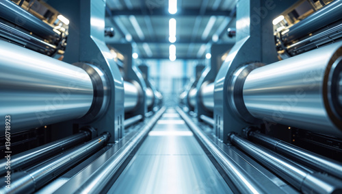 A close-up of shiny industrial rollers showcasing precision manufacturing in a factory setting.