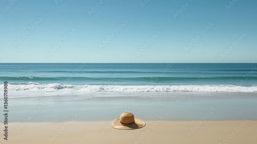 Obraz premium A clean beach scene with soft waves rolling in, a sun hat, and a pair of sunglasses placed casually on the sand, with the vast ocean and clear sky in the background.