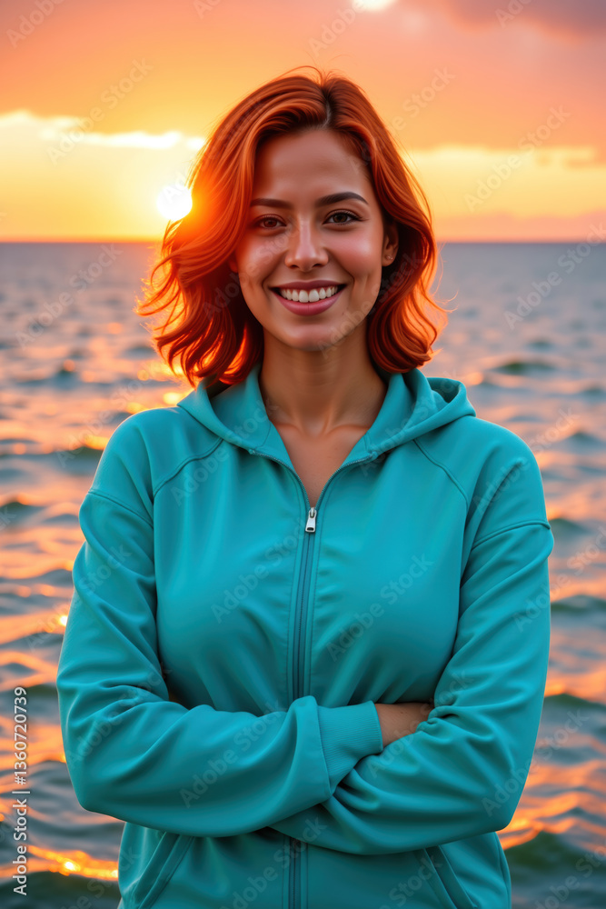 A cheerful woman with red hair and a teal hoodie stands on the beach during sunset, exuding happiness with a fit figure and medium-sized breasts. A cheerful woman with red hair and a teal hoodie stands on the beach during sunset, exuding happiness with a fit figure and medium-sized breasts.