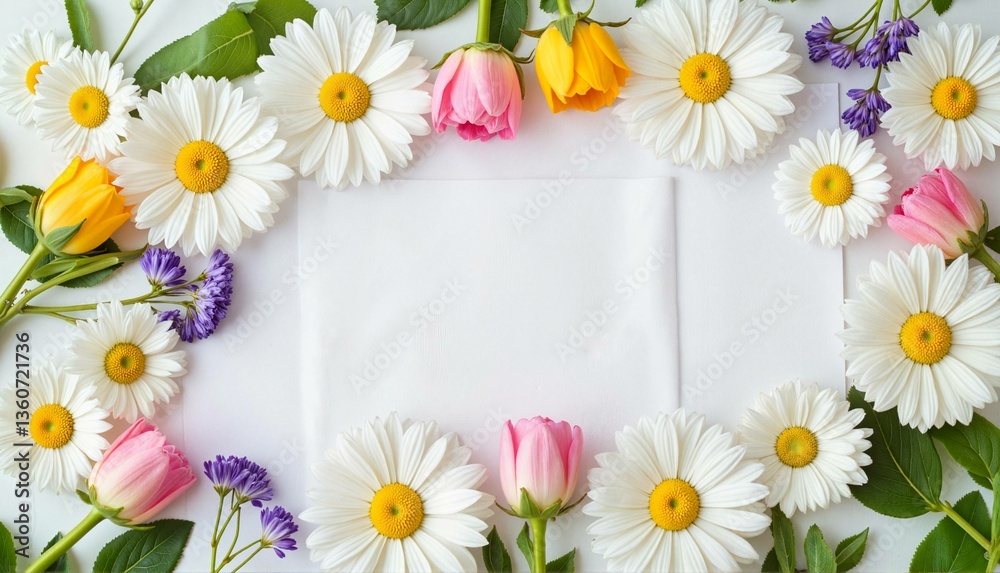 Obraz premium Floral arrangement with daisies and colorful flowers on white background