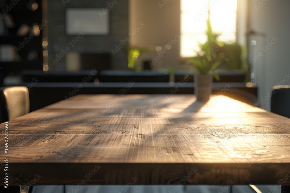 Sunlight streaming through a window over a wooden table with a small plant in a cozy interior setting Sunlight streaming through a window over a wooden table with a small plant in a cozy interior setting