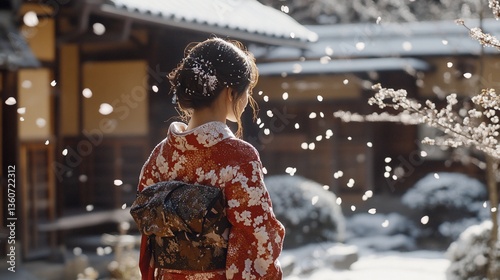 Japanese woman wearing kimono observing snow in traditional setting garden