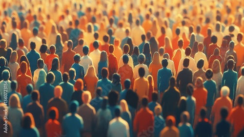 Diverse crowd of people in vibrant colors seen from behind