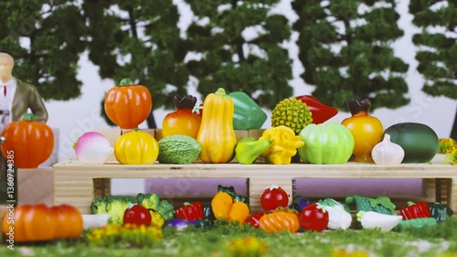 Market green Man selling vegetables and fruit. Figurines miniature doll.