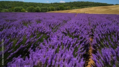 Vibrant lavender field waves in summer breeze with scenic meadow hills in background