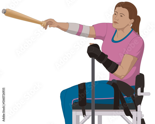 para sports club throw, female athlete with a physical disability throwing a club, track and field, isolated on a white background