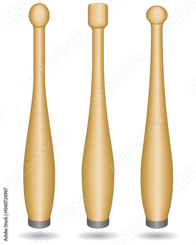 para sports club throw, for athlete with a physical disability, set of 3 wooden clubs, track and field, isolated on a white background