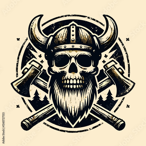 A vector illustration of a vintage Viking emblem with a colorful skull in tattoo style, featuring a grunge texture. This EPS10 logo is perfect for use in clothing design, print materials, or tattoos w