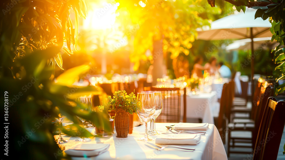 Obraz premium Golden light bathes a beautiful outdoor dining setting with white tablecloths, wine glasses, and greenery creating a warm, inviting ambiance.
