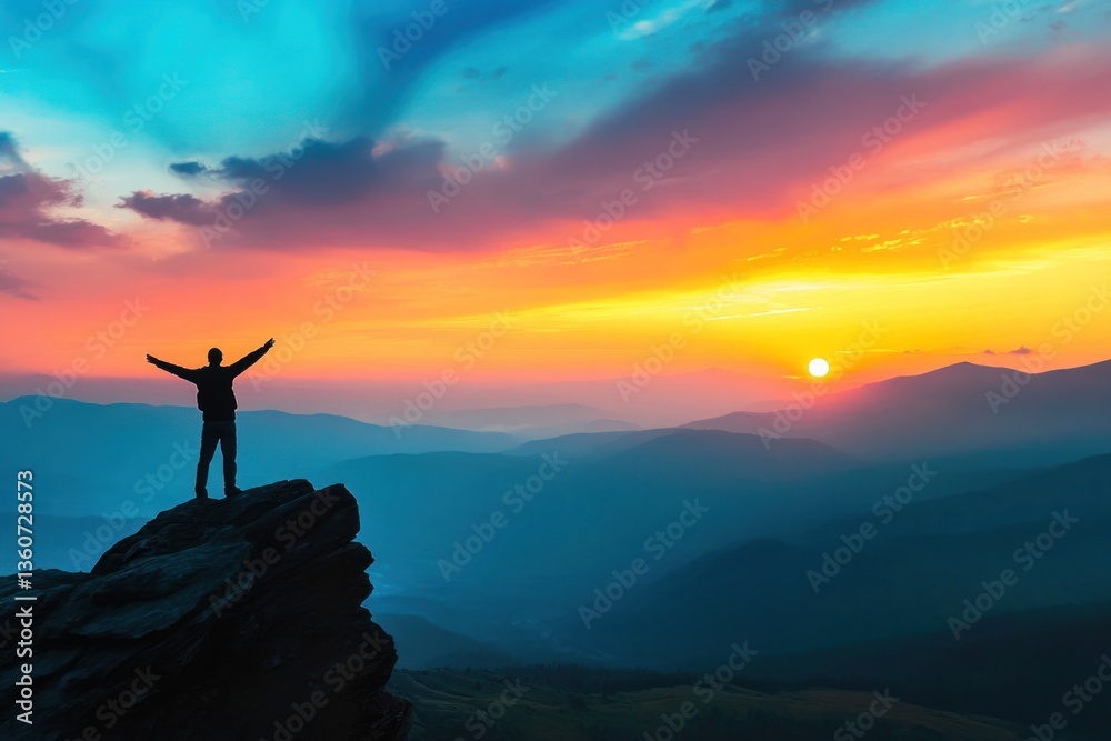 A person stands on a mountaintop watching the sunset A person stands on a mountaintop watching the sunset