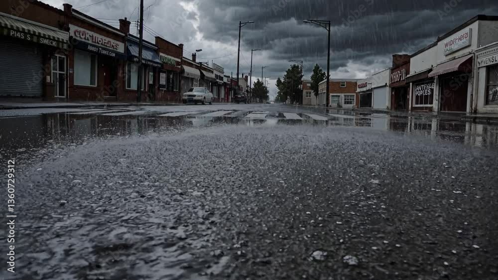 Rainfall transforms urban street into reflective wetscape under dark clouds Rainfall transforms urban street into reflective wetscape under dark clouds