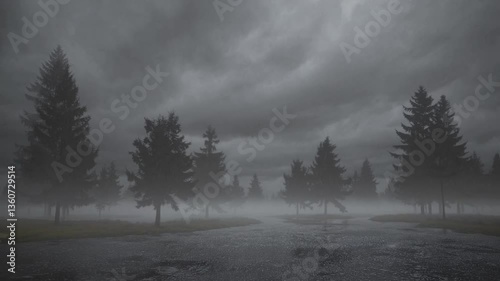 Dramatic misty forest landscape with flowing river under stormy skies