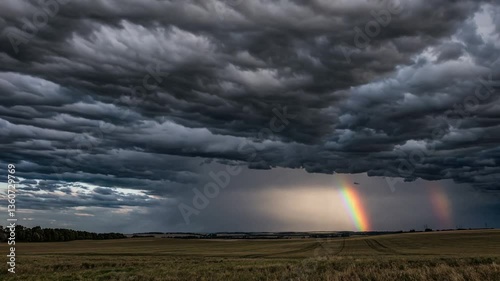 Dramatic stormy sky with emerging rainbow over open field landscape