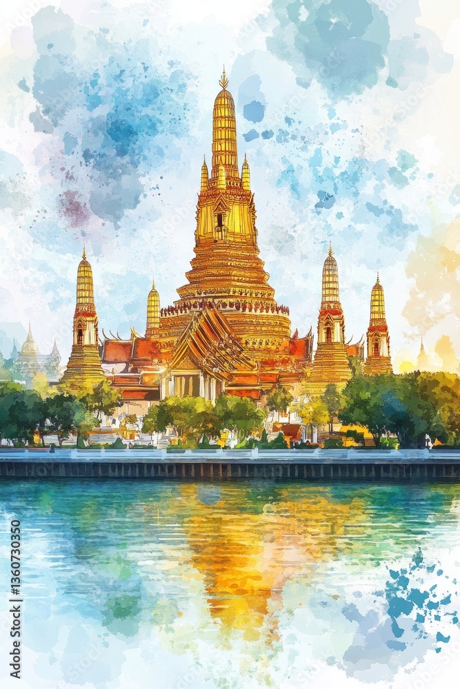 Fototapeta premium Golden ornate temple reflecting on calm water underneath a painted sky