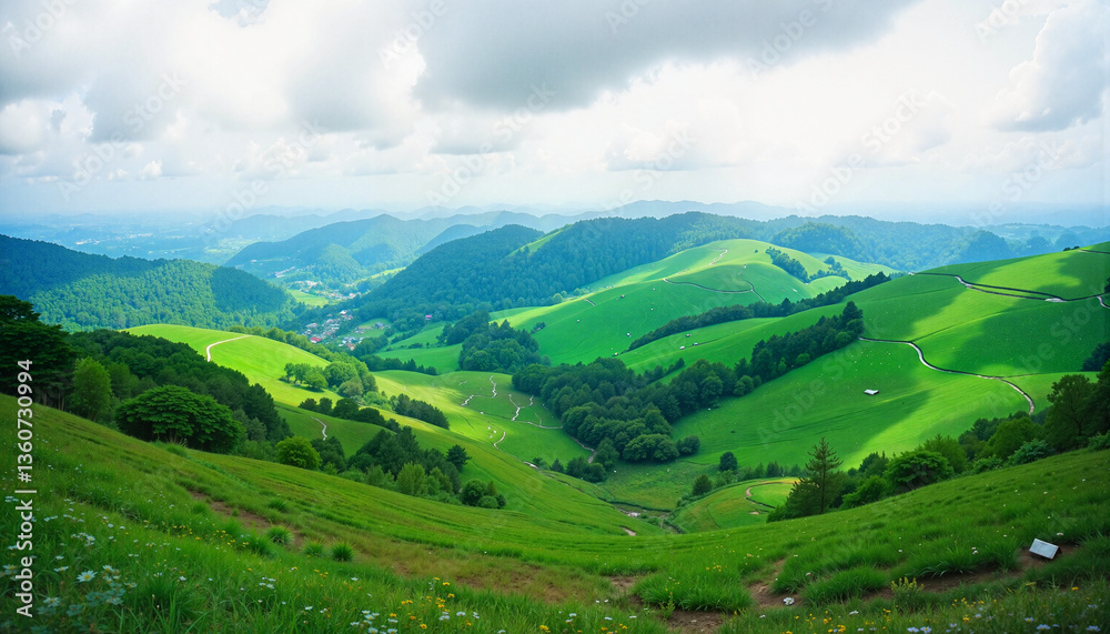 Naklejka premium Lush green hills under cloudy sky