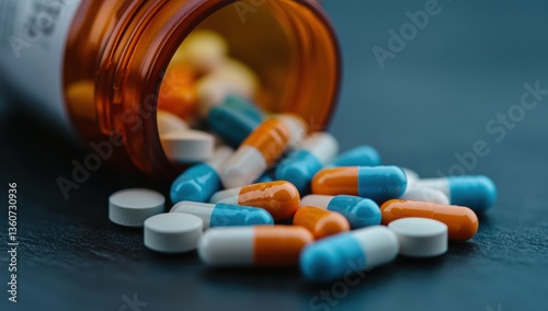 Open brown glass pill bottle with various colorful capsules and tablets spilling on dark wooden surface medicine concept photo