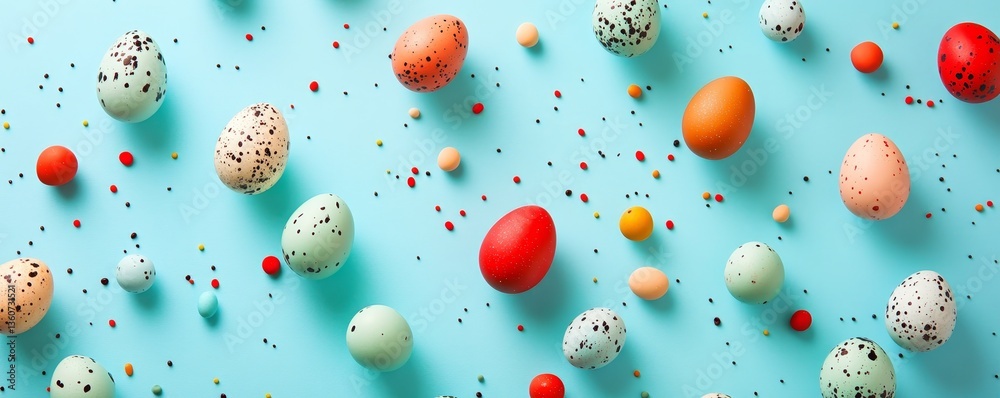 A 3D rendering brings to life a creative design consisting of Easter eggs in various colors, all set against a calming blue background A 3D rendering brings to life a creative design consisting of Easter eggs in various colors, all set against a calming blue background