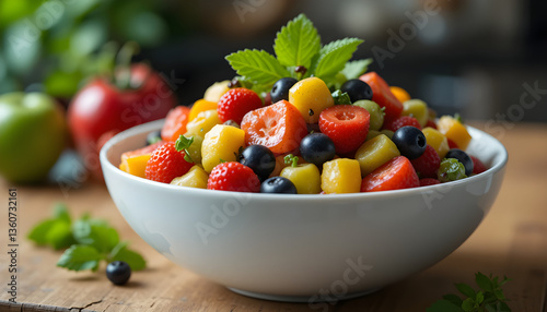 Advanced food technology meets nature in this image where a rainbow fruit salad is being analyzed by kitchen AI for perfect ripeness and nutritional balance.
