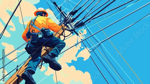 Worker Climbing Utility Pole with Power Lines Against Blue Sky