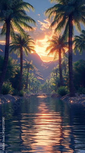 Beautiful water reflections in tropical oasis high resolution picture
