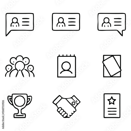 Business Communication Icons Pack – Handshake, Trophy, ID Badge, Team, Profile Cards, Speech Bubble Vector