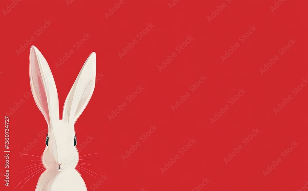 Obraz premium Modern illustration of an Easter greeting card with a white paper cut Easter Bunny isolated against a red background for Happy Easter