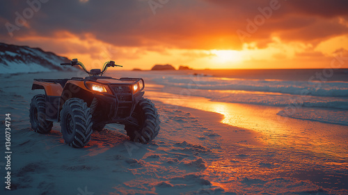 Sunset Reflected on Beach with Parked ATV Vehicle Nearby.