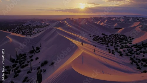 Spectacular desert sunset over sand dunes with dramatic shadows and shimmering light