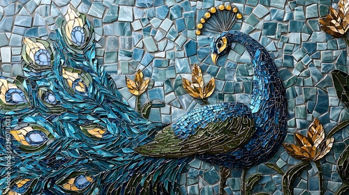Mosaic peacock art on tile wall