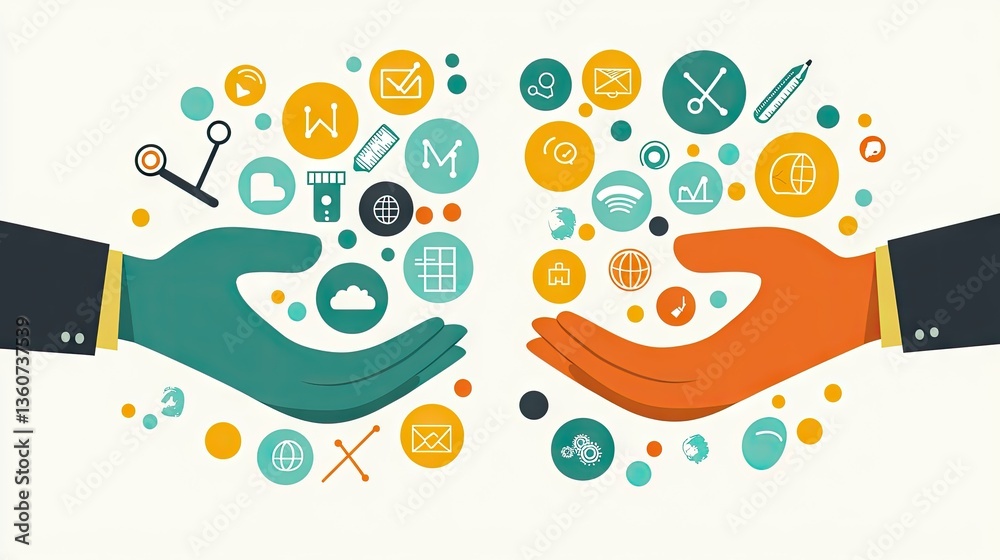 Naklejka premium Hands Sharing Digital Icons, Collaboration, Concept