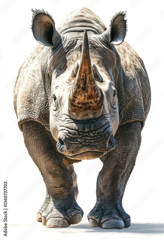 Fototapeta premium A powerful rhinoceros animal is looking directly at the viewer