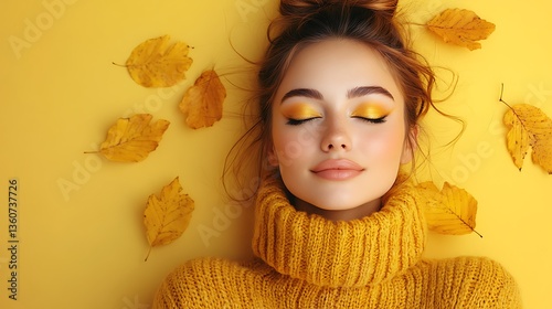 Beautiful woman in warm clothing with autumn leaves and makeup