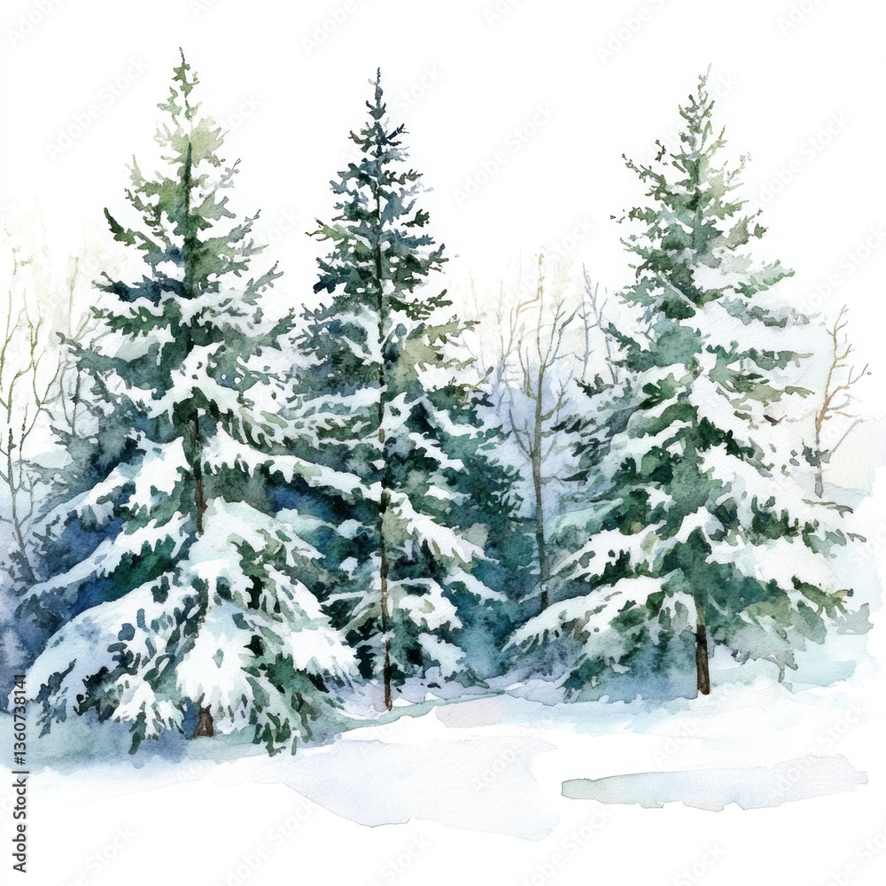 Watercolor painting depicts snowy evergreen trees in a winter landscape scene Watercolor painting depicts snowy evergreen trees in a winter landscape scene
