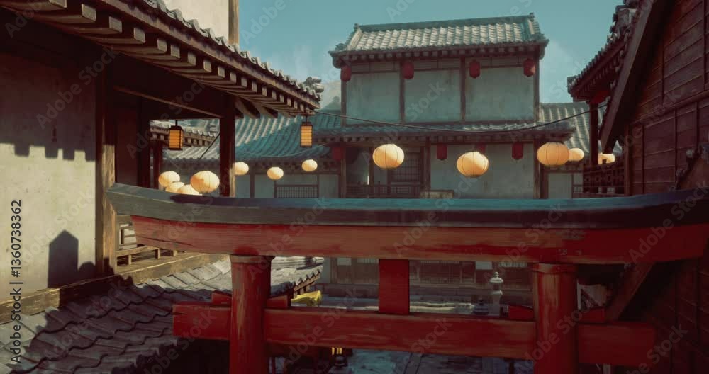 Stunning view of traditional Asian architecture with lanterns glowing in a lively courtyard at twilight. Wooden structures reflect cultural heritage amid peaceful surroundings. Stunning view of traditional Asian architecture with lanterns glowing in a lively courtyard at twilight. Wooden structures reflect cultural heritage amid peaceful surroundings.