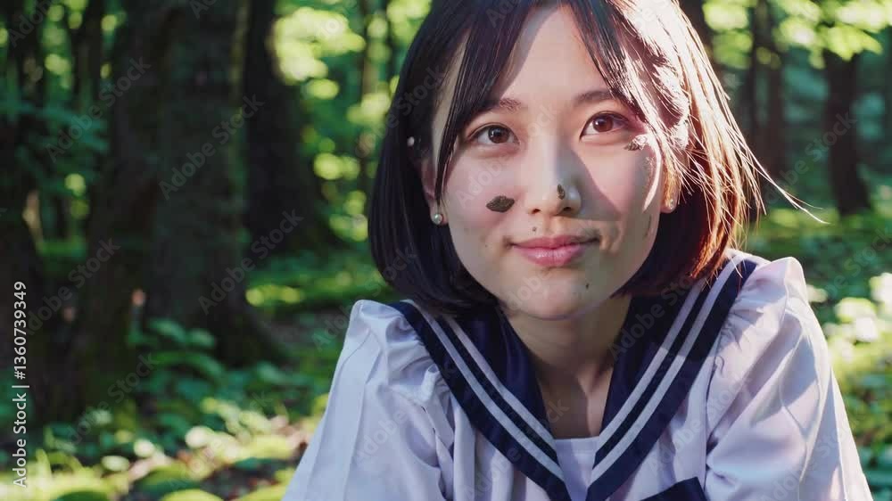 日本人女性学生が屋外で泥遊びを楽しむポートレート 日本人女性学生が屋外で泥遊びを楽しむポートレート