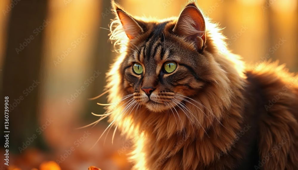 Fototapeta premium Majestic Maine Coon Cat in Golden Autumn Sunlight