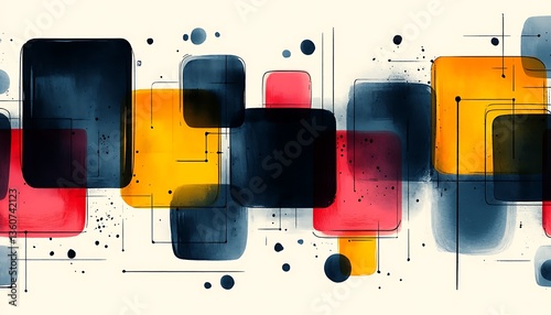 Colorful abstract watercolor blocks combined with lines and dots on a canvas