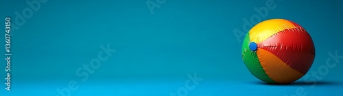 A colorful beach ball sits on a blue colored surface
