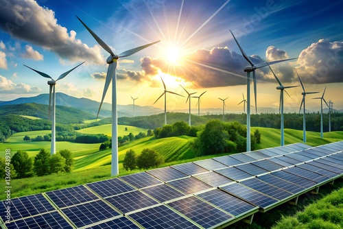 solar panels and wind turbines , Green technology and AI sustainability. AI-powered solar panels and wind turbines.