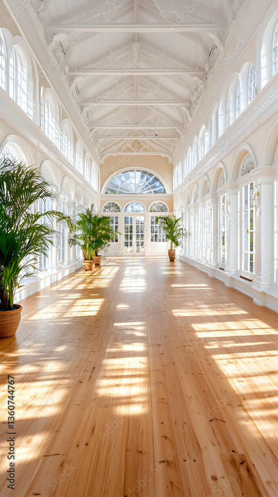 Fototapeta premium Sunlit Conservatory's Wooden Floor, Elegant Interior