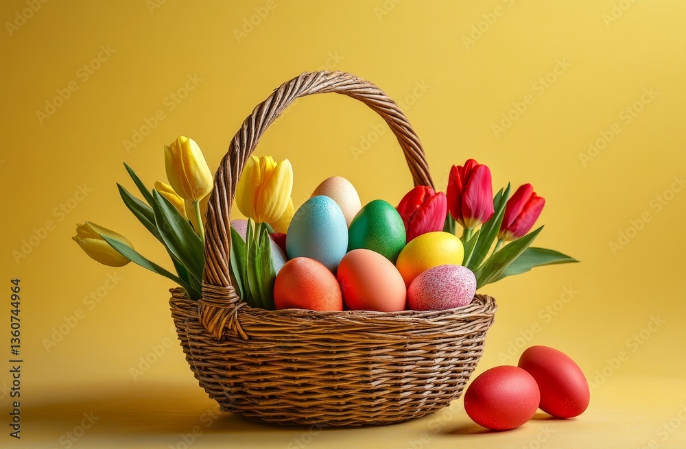Naklejka premium A festive Easter scene features painted eggs in a basket, placed on a rustic wooden table, offering a decorative idea with copy space
