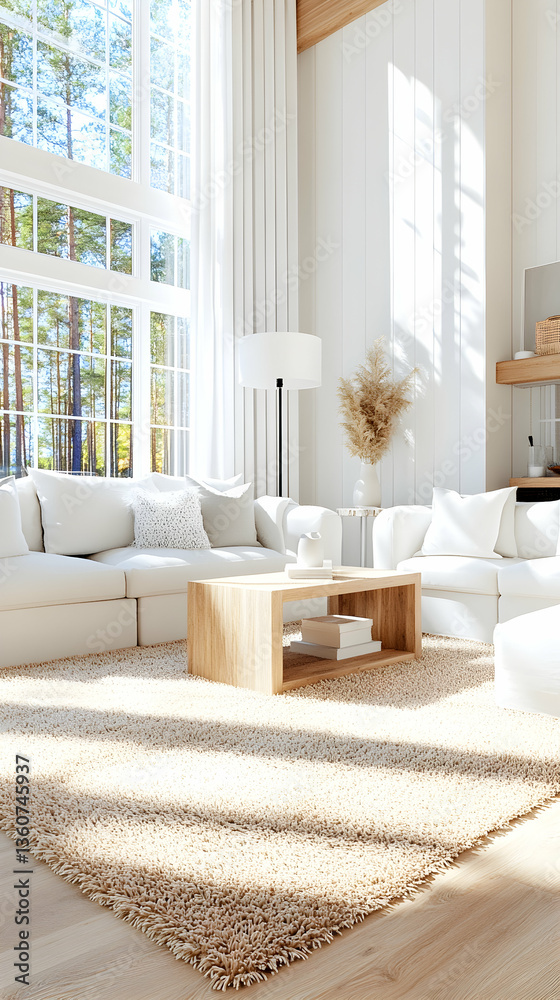 Naklejka premium Sunlit modern living room with large window