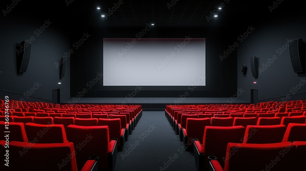 Fototapeta premium Empty Cinema Theater: A Modern Movie House with Rows of Red Seats and a Blank Screen